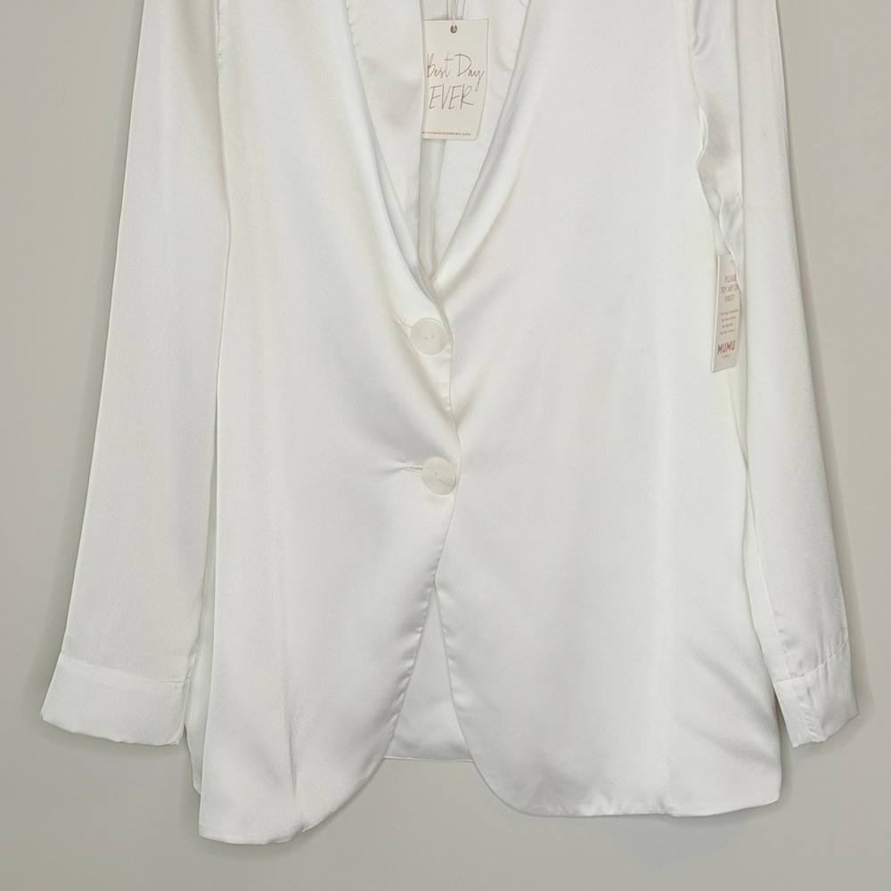 MUMU Weddings Felix Blazer White Satin Shawl Collar Single Button Size XL NWT - Picture 10 of 16